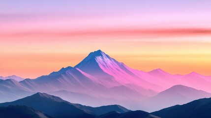 Sunrise Over Majestic Mountains: A stunning landscape depicts a serene scene where mountains gradually fade into the distance, bathed in the soft, warm hues of a sunrise. 