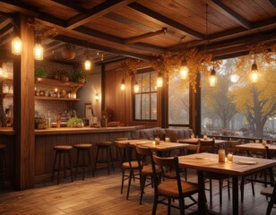 Fototapeta premium Cozy autumn cafe with warm lighting and wooden decor, cozy atmosphere, inviting ambiance, rustic charm