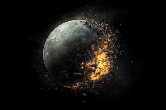 Moon fragmenting and exploding in a cosmic environment during a dramatic celestial event