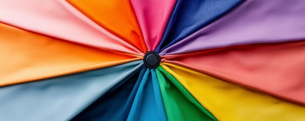 Multicolor Umbrella Top View with Rainbow Shades Colorful Design and Black Button Close Up Detail