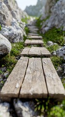 Fototapeta premium Wooden Walkway Path Through Mountain Rocks