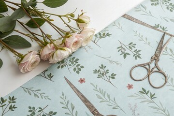 Dainty floral design featuring scissor motifs in a subtle muted color palette on a serene watercolor background, scissor motif, botanical