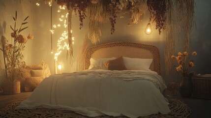 Warm Yellow Bedroom Interior Design with Soft Lighting and Floral Decor