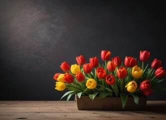 Dark colored background with a beautiful arrangement of yellow and red tulips, tulips, dark background, depth