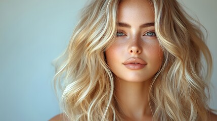 Fototapeta premium Softly Lit Portrait of a Young Woman with Wavy Hair and Clear Skin