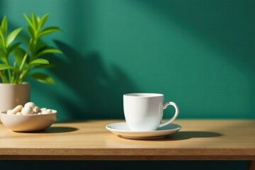 A serene morning scene featuring a cup of coffee on a light wood surface, accompanied by a small potted plant and a bowl of sweets, bathed in soft sunlight against a teal backdrop.