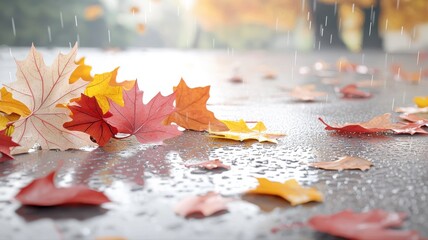 Colorful autumn leaves on wet pavement during a gentle rain, creating a tranquil seasonal scene.