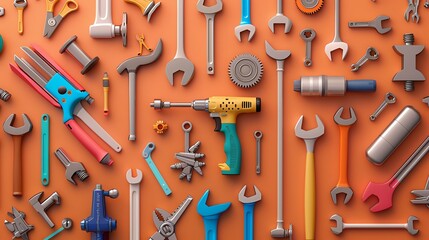Fototapeta premium A vibrant arrangement of various hand tools on an orange background.