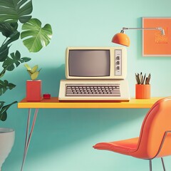 Fototapeta premium Vintage Workspace Aesthetic: A retro workspace with a vintage computer, desk and chair, plants, and lamp in a bright, stylized and vibrant setting.