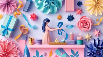 A creative scene featuring vibrant paper crafts and a character preparing gifts.