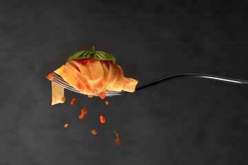 fotografia still life forchetta pasta al pomodoro e basilico