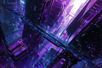 Close up of a circuit board with purple and pink neon lights. Photography for technology and innovation. Concept for electronics, circuitry, and digital design. Macro shot of microchip. AIG51.