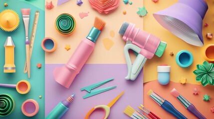 Colorful crafting tools and supplies arranged on a vibrant background.