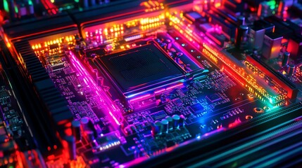 Fototapeta premium Vibrant Motherboard Close-up: A Symphony of Colorful Circuits