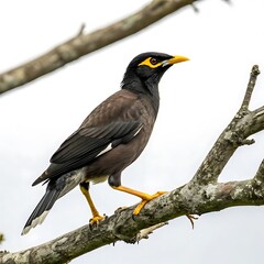 Fototapeta premium Vibrant mynah perched on a branch with its striking yellow beak and bold black plumage, captured in sharp detail against a white background