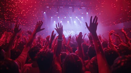 Fototapeta na wymiar Crowd with raised hands at a live concert. Music festival and nightlife scene. Close up of crowd or diverse people looking and joining while musician performing performance in concert hall. AIG51.