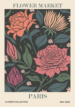 Abstract Flower Market Paris poster. Trendy botanical wall art with floral design in danish pastel colors. Modern naive groovy funky interior decoration, painting. Vector art illustration.