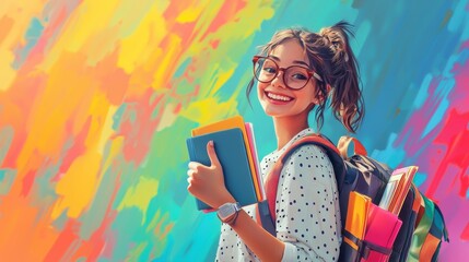 Smiling Schoolgirl with Polka Dot Backpack and Notebooks