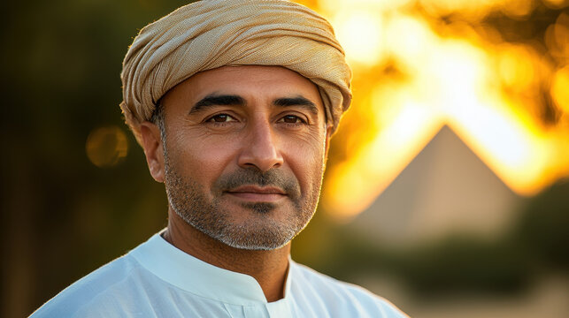 Sunrise portrait of an Egyptian man in traditional galabeya near the pyramids