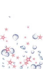 Red Starfish Background White Vector. Snail Exotic Textile Card. Cute Set. Gray Clam Maritime Illustration.