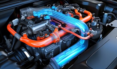 Detailed car engine with vibrant orange and blue coolant lines.