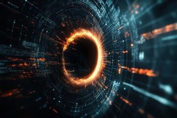Obraz premium Digital vortex with glowing patterns and streaming data in a cosmic environment