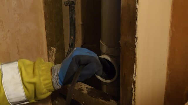 Plumber in yellow jacket pushing rod into internal vertical sewage soil pipe.
