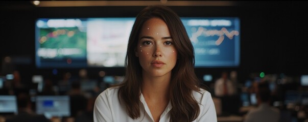 A focused woman is seen in a bustling office environment with screens displaying data and charts in the background.