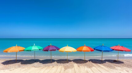 Vibrant beach umbrellas set against a tranquil blue sky and serene ocean landscape