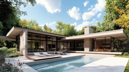 Fototapeta premium Modern Ranch House with Swimming Pool and Lush Greenery