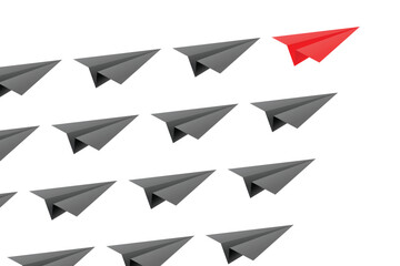 Leadership concept, Red paper plane leading black paper planes