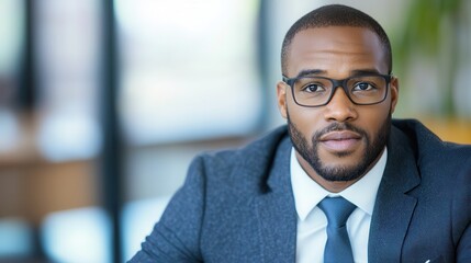 Fototapeta premium Financial literacy wealth knowledge building. Professional man in glasses, wearing a suit, looking confidently at the camera.