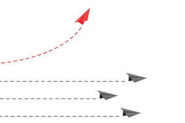 Red paper plane changing direction. New idea, change concept of business