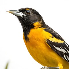 Naklejka premium Stunning close up shot of an oriole bird perched, featuring vibrant yellow and black feathers on a clear white background