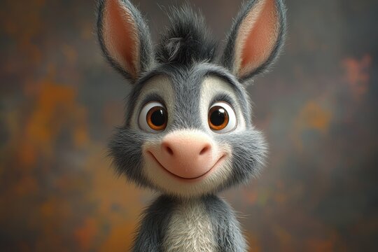 Friendly cartoon donkey with big eyes and a cheerful smile poses for a close-up portrait against a warm, colorful background - Powered by Adobe
