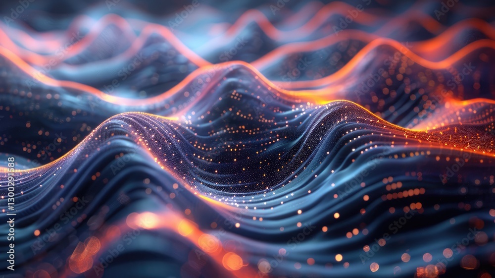 Poster Abstract of vibrant particle in geometric shape represent data flow. Vivid flowing object with high tech texture, create digital effect scene perfect for energetic, fantasy wallpaper design. AIG53.