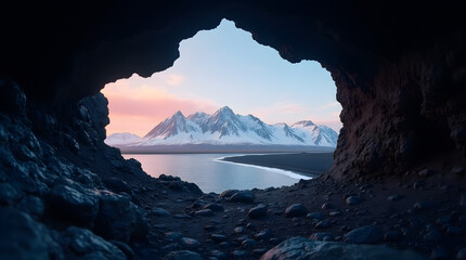 Fototapeta premium Breathtaking Cave View Snowy Mountain Range Volcanic Black Sand Beach Golden Sunrise Iceland