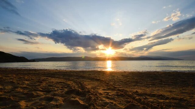 Skiatos, in the Sporades Islands. Sunset in Mandraki beach