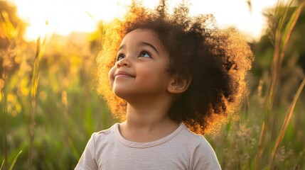 A Little Girl Gazes Upwards In A Golden Field