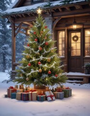 Enchanting winter landscape featuring a decorated evergreen tree, presents, and rustic holiday decorations amidst the snowflakes, landscape, snowflakes, ambiance