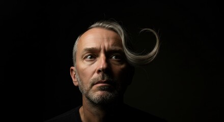 Fototapeta premium Portrait of a man with striking silver hair styled dramatically against a dark background - funny hairstyle funny haircuts