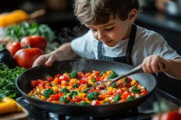 Child cooks healthy vegetable dish in a modern kitchen during midday with vibrant colors and playful atmosphere