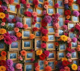 Fototapeta premium Exquisite stack of small glass picture frames wrapped in an abundance of colorful floral arrangements, festive stacking, floral gift arrangements, elegant presents