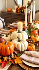 Festive Thanksgiving table setting with pumpkins, candles, and fall leaves, harvest, tradition
