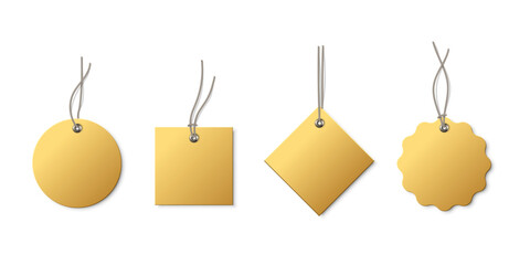 Golden tags set. Gold blank labels mockups. Yellow paper empty stickers of different shapes for price, sales, gifts, presents. Realistic vector illustrations collection isolated on white background.