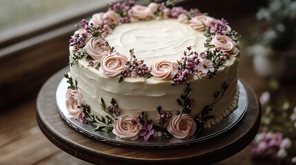 Fototapeta premium Delicious Cake Decorated with Pink Flowers Perfect for Celebrations