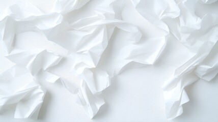Obraz premium Crumpled white paper texture creating abstract patterns on a plain background.