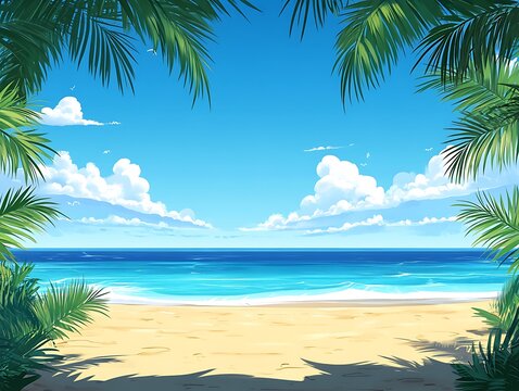 Fototapeta Sunny beach framed by palms against clear blue sky