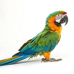 Fototapeta premium Vibrant blue, green, and yellow macaw parrot perched proudly with a stunning display of colorful feathers against a white background