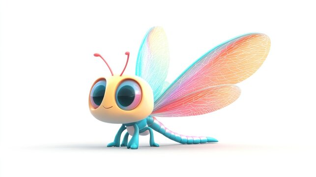 Cute Cartoon Dragonfly Posing on White Background